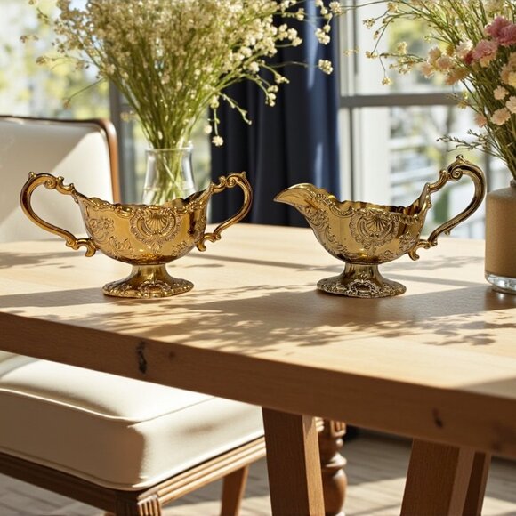 Vintage Gold Holiday Imports Crown Gold Heavy Sugar & Creamer - Picture 1 of 12
